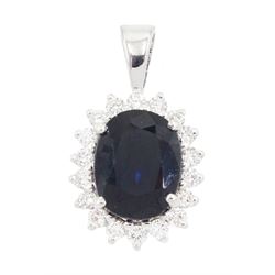 18ct white gold oval cut sapphire and round brilliant cut diamond cluster pendant, sapphir...