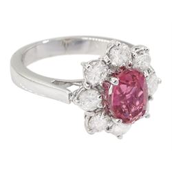 18ct white gold oval pink tourmaline and round brilliant cut diamond cluster ring, hallmarked, tourmaline approx 2.50 carat, total diamond weight approx 0.40 carat