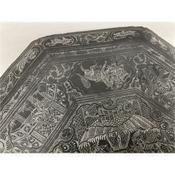 Anglo-Indian octagonal occasional table, with silvered inlay and a central panel depicting a temple scene, H36cm 