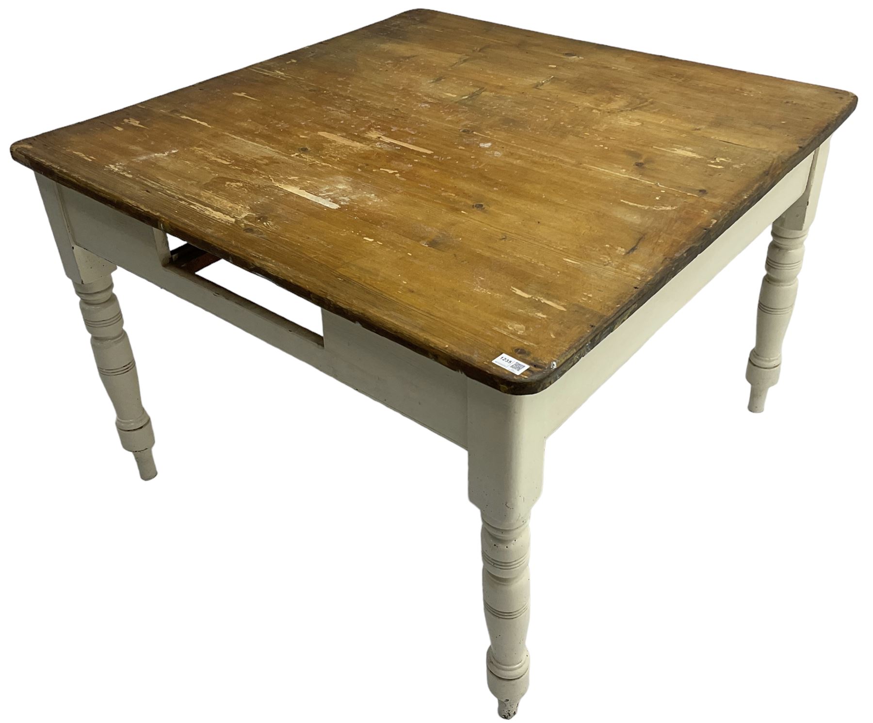 Victorian painted pine kitchen table, polished top on painted base, turned supports