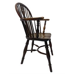 19th century yew wood and elm Windsor armchair, low double hoop stick and pierced splat back, dished seat on turned supports united by crinoline stretchers