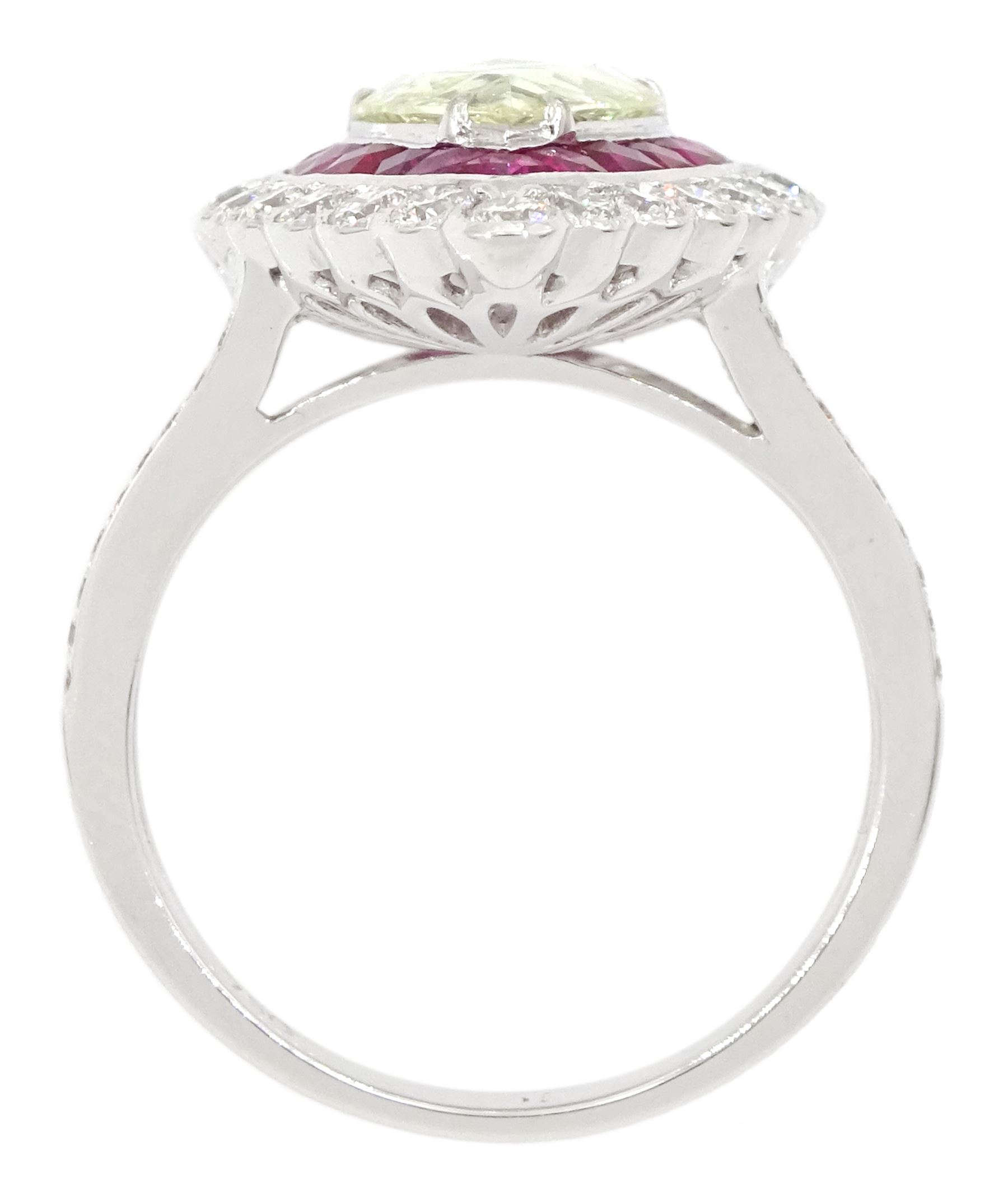 18ct white gold diamond and ruby cluster ring, the principal pear rose cut diamond of approx 1.30 carat, with calibre cut ruby and round brilliant cut diamond surround and diamond set shoulders, stamped 750, total ruby weight approx 1.40 carat, total round brilliant cut diamond weight approx 1.05 carat