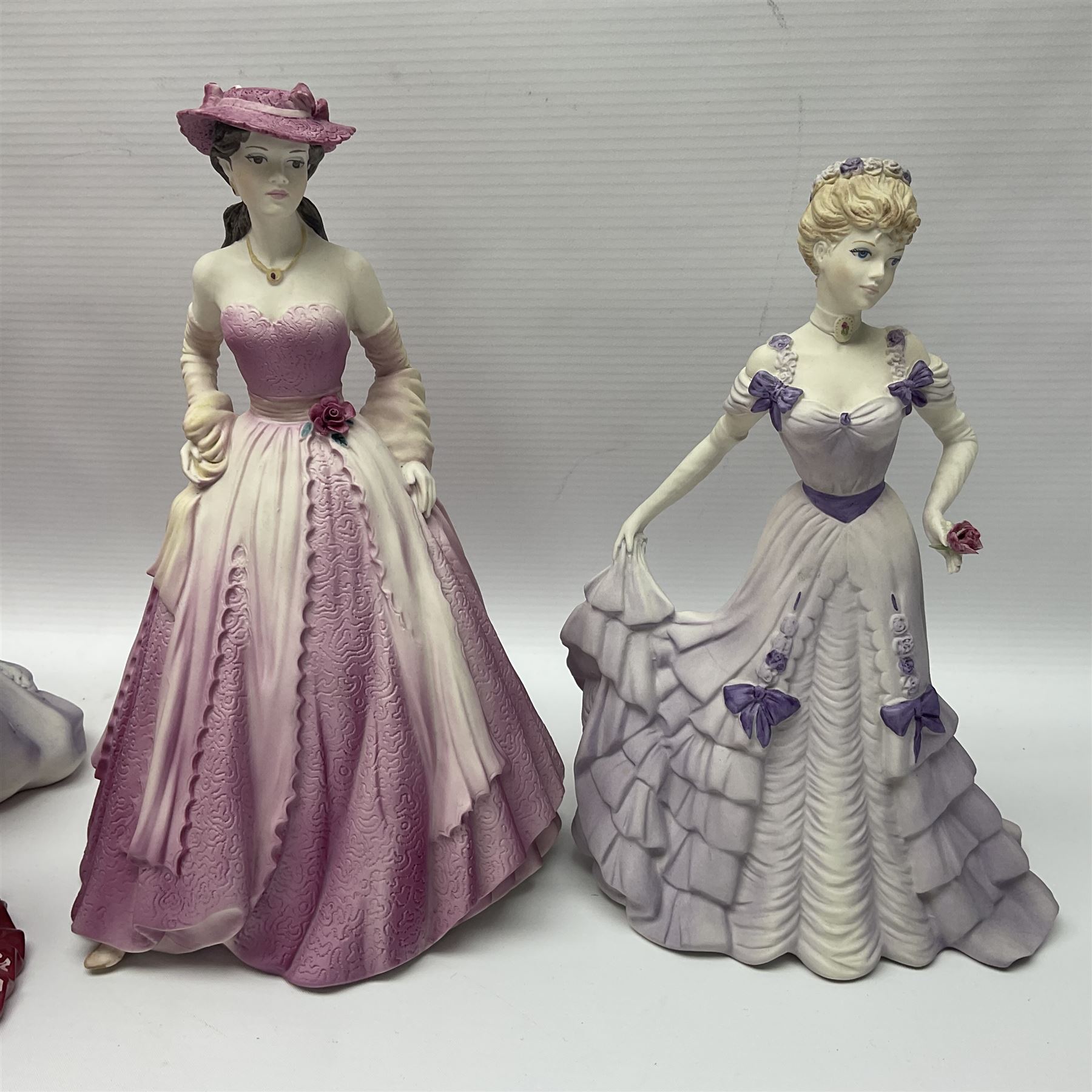 Nine Coalport figures, including Age of Elegance Evening Promenade, The Lovely Lady Christabel and Ladies of Fashion Pamela, together with eight miniature Coalport figures