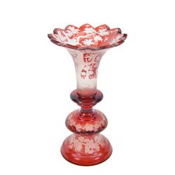 Victorian Bohemian ruby glass vase, etched with deer in a countryside setting and vide dec...