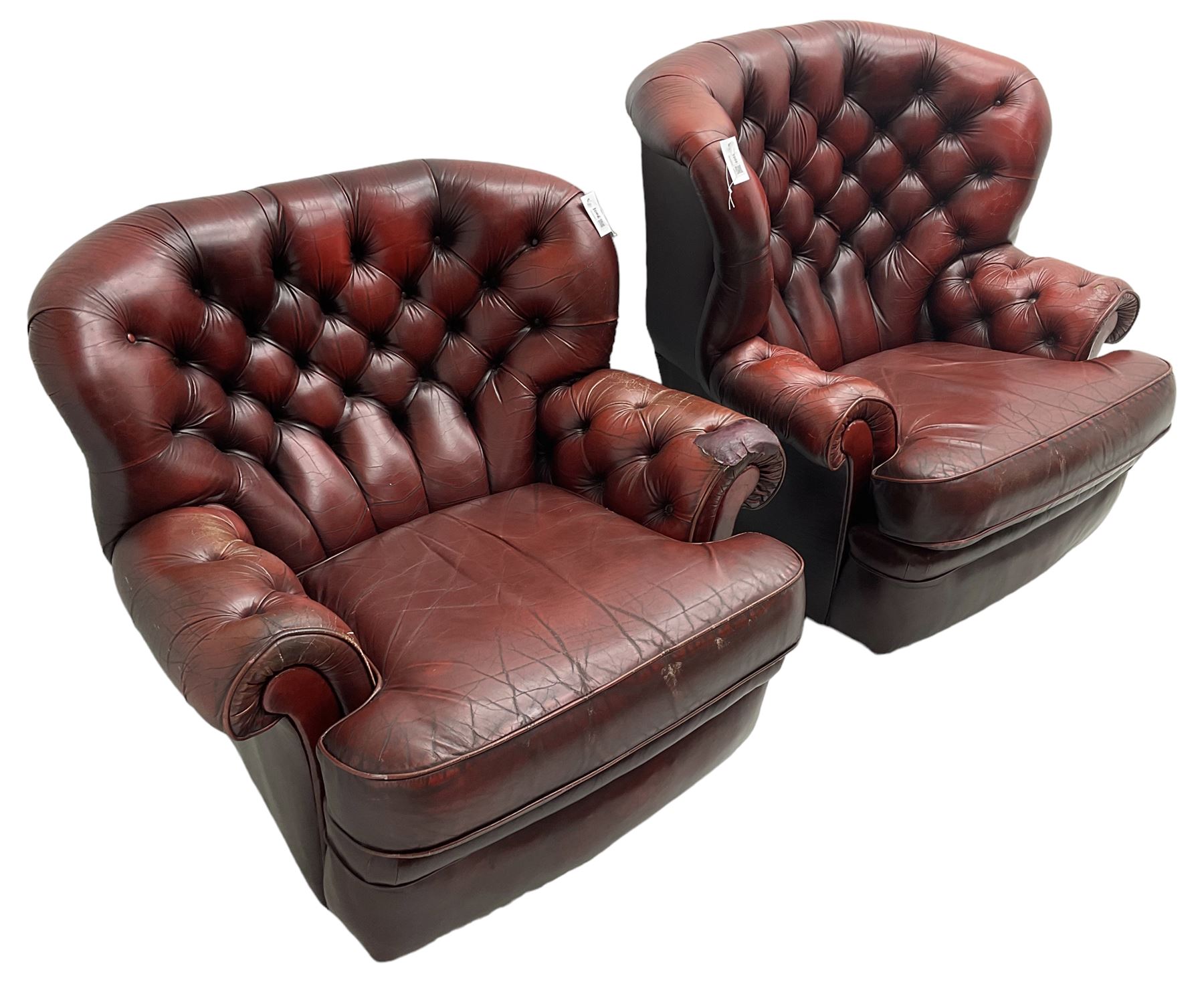 Wade - pair of Georgian design armchairs, high curved back and scrolled arms upholstered in deep buttoned oxblood 'Pegasus' leather, on castors