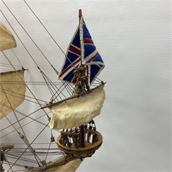 Large kit built scale model of 17th century Royal Navy warship 'HMS Sovereign of the Seas', upon wooden stand with engraved name plaque, H91cm, W111cm