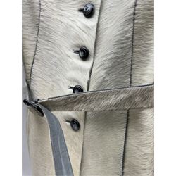 White pony hide, with grey leather sleeves and silk liner