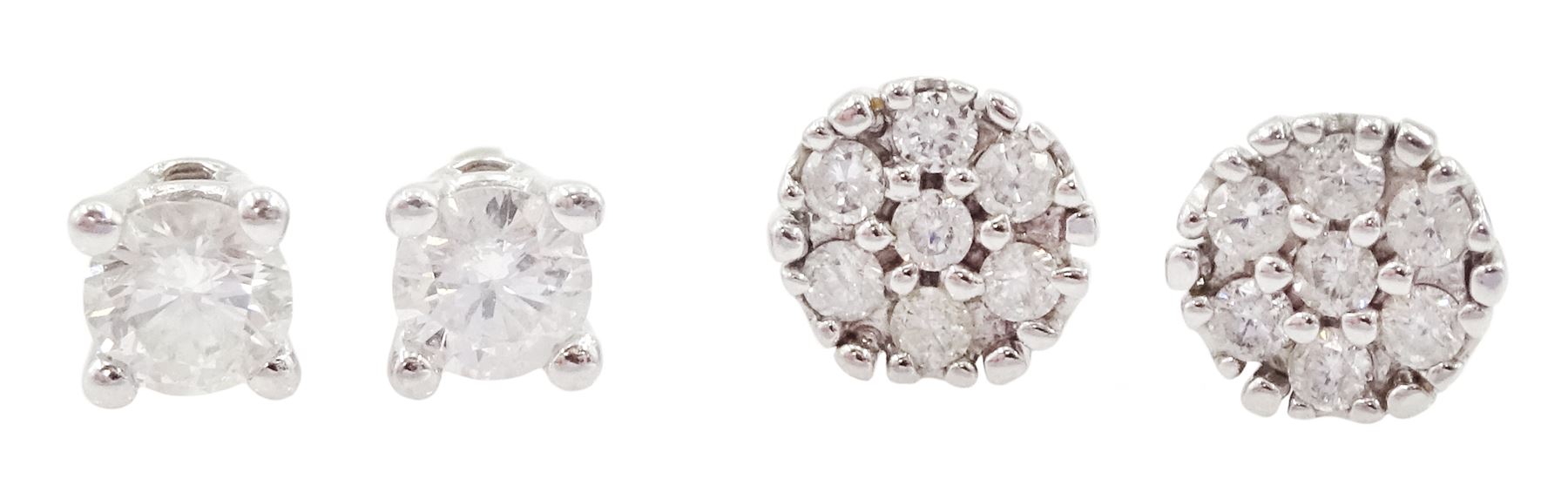 Pair of white gold single stone round brilliant cut diamond stud earrings and one other pair of white gold diamond cluster stud earrings, both hallmarked 9ct 