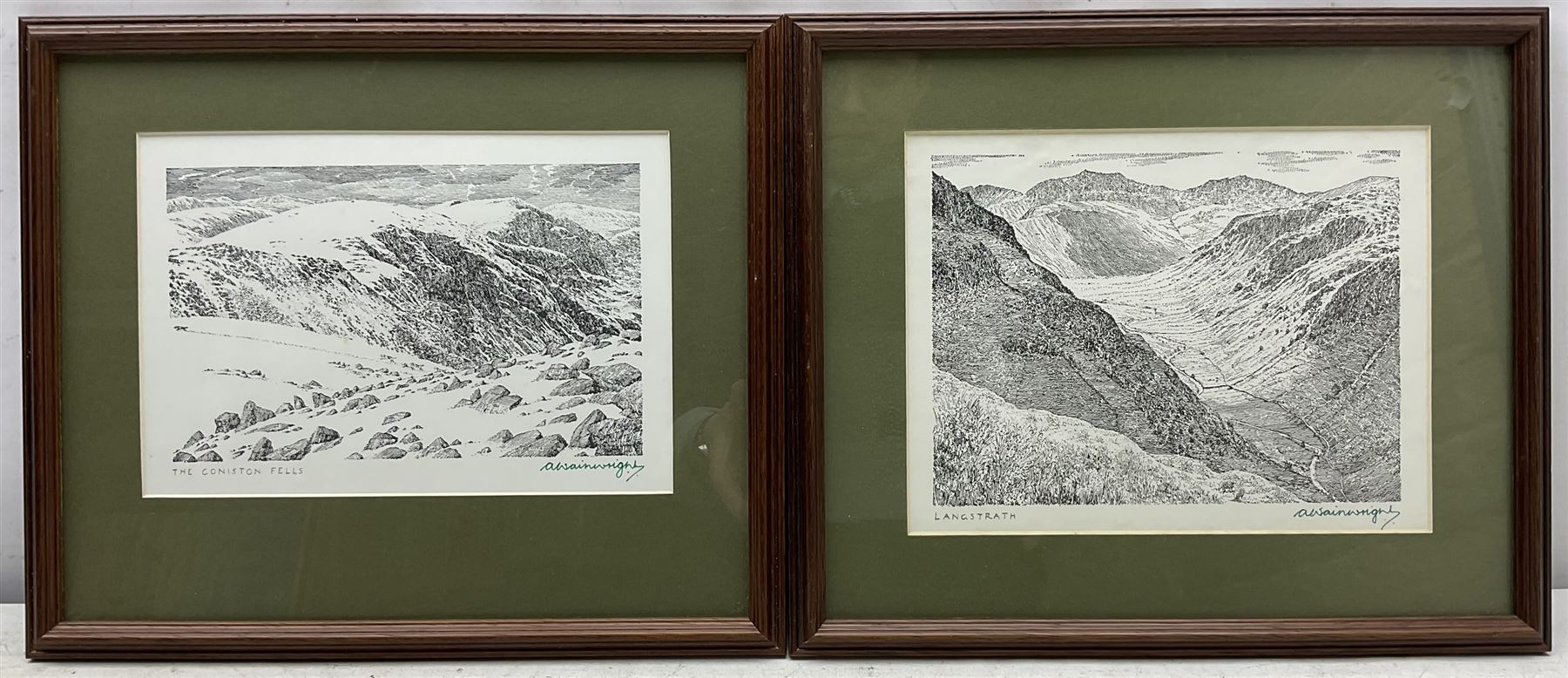 Alfred Wainwright MBE (British 1907-1991): 'Wycoller', 'Wastwater', 'The Coniston Fells', and 'Langstrath', four monochrome prints each signed in pen by the artist, max 17cm x 23cm (4)