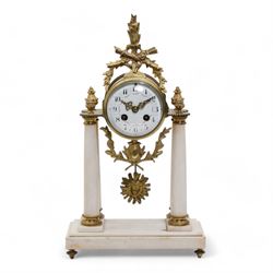 French - White marble and gilt 8-day mantel clock c1900,  with a rectangular plinth raised...