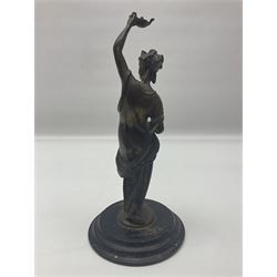 Gilt bronze figure of a lady in neo-classical dress, on a circular wooden plinth, H26cm