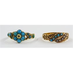 Victorian turquoise and diamond ring stamped 18ct and an Edwardian 15ct gold turquoise and spilt seed pearl ring, Birmingham 1901