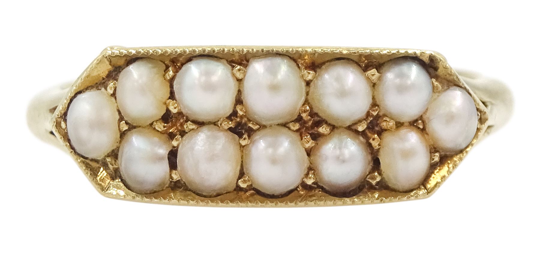 Early 20th century gold milgrain set two row split pearl ring, stamped 18ct