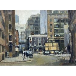 Gordon Radford (British 1936-2015): 'The Unicorn Pub - Looking Down Kelvin Street towards Church Street' Manchester, oil on board signed, titled verso 29cm x 40cm