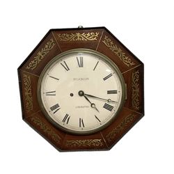 Wilkinson of Leicester - mid-19th century octagonal mahogany cased 8-day wall clock, dial surround inlaid with brass fretwork and a cast brass bezel, 10