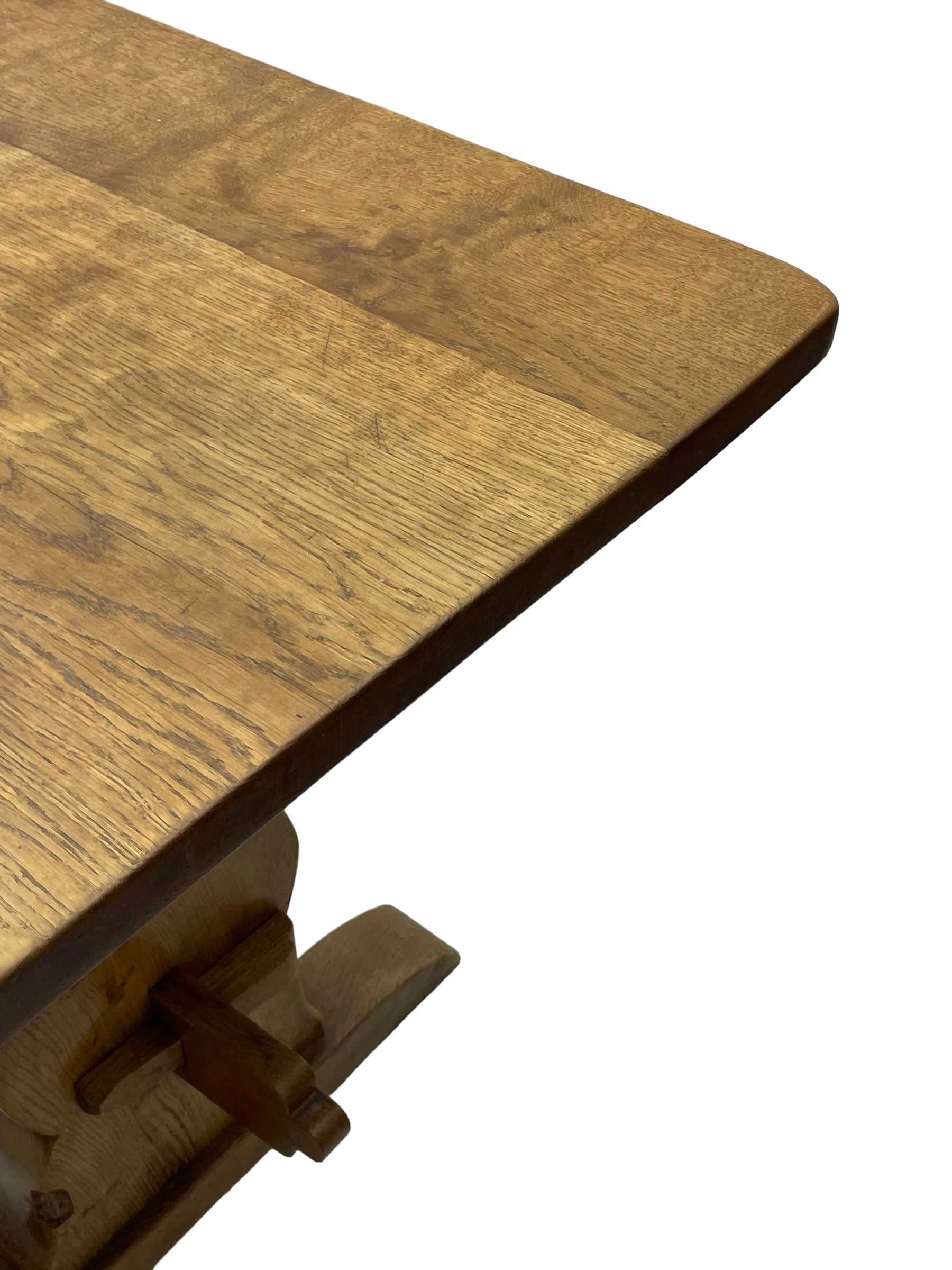 Gnomeman - oak dining table, rectangular adzed top, shaped end supports on sledge feet united by pegged stretcher, by Thomas Whittaker, Littlebeck, Whitby 