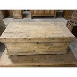 19th century pine blanket chest, rectangular hinged top, with twin wrought metal carrying handles (W93cm D47cm H43cm); together with another similar smaller (W75m D37cm H30) - THIS LOT IS TO BE COLLECTED BY APPOINTMENT FROM THE OLD BUFFER DEPOT, MELBOURNE PLACE, SOWERBY, THIRSK, YO7 1QY