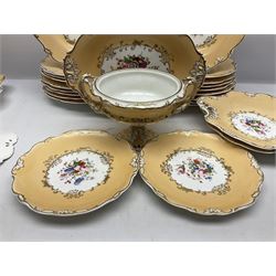 Victorian part dessert service, including eighteen plates, four small serving dishes, shallow dish, etc hand painted with floral sprigs within a cream border with floral panels, and heightened in gilt (26cm)