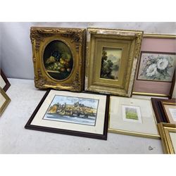 Group of original oils mostly indistinctly signed, watercolours including Edith Buxton, T Orsini etc and a large collection of engravings in one box (approx. 32)