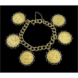 9ct gold curb link bracelet, Birmingham 1978, with four George V gold full sovereign coins...