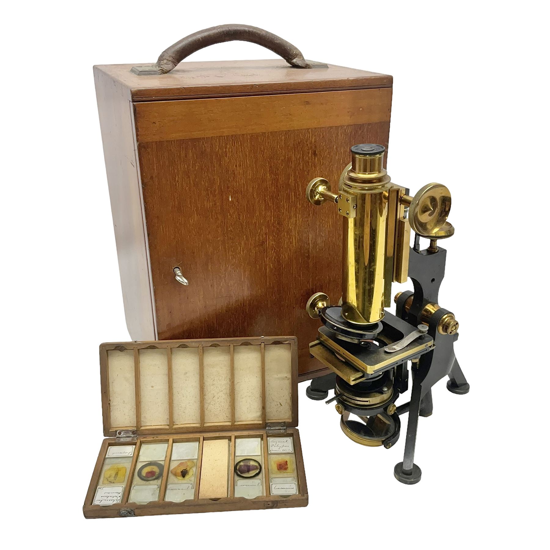 W. Watson & Sons Ltd lacquered brass compound microscope circa 1910, the back foot signed W. Watson & Sons Ltd, 313 High Holborn London and numbered 8193, together with a boxed collection of glass microscope biological sample slides