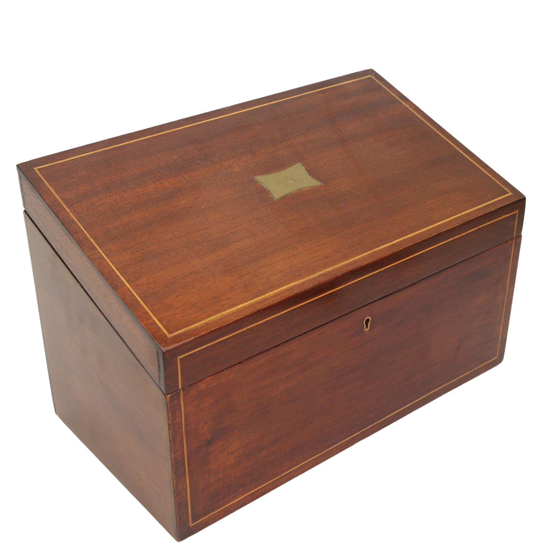 19th century Mahogany stationery box inlaid with boxwood stringing, the hinged sloping lid inset with a brass plaque engraved with initial 'R', divided interior with Sothebys lot label 'November 1991' W39cm