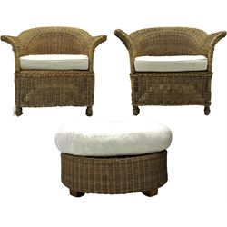 Rattan armchair and ottoman set, pair of armchairs featuring rounded backrests with wide armrests, woven wicker frame with weaving and upholstered seat cushions in off-white fabric with flowing floral pattern (W83 D80 H78cm); matching round ottoman with upholstered cushion on square wooden feet (W65 D65 H37cm)