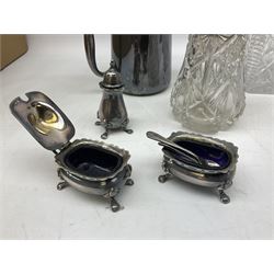 Quantity of assorted silver plated and other flatware, to include part sets, set of three silver plated cruets, glass sifter with silver plated cover, two glass decanters and stoppers, etc., in one box 