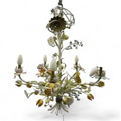 Mid-20th century French toleware chandelier, designed as a multicoloured floral bouquet, f...