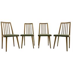 Set of four mid-20th century beech framed dining chairs, vertical slat back over upholstered seats, on tapering supports