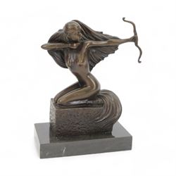 Bronze Sagittarius figure, modelled as a nude female figure with bow and arrow, signed Pin...