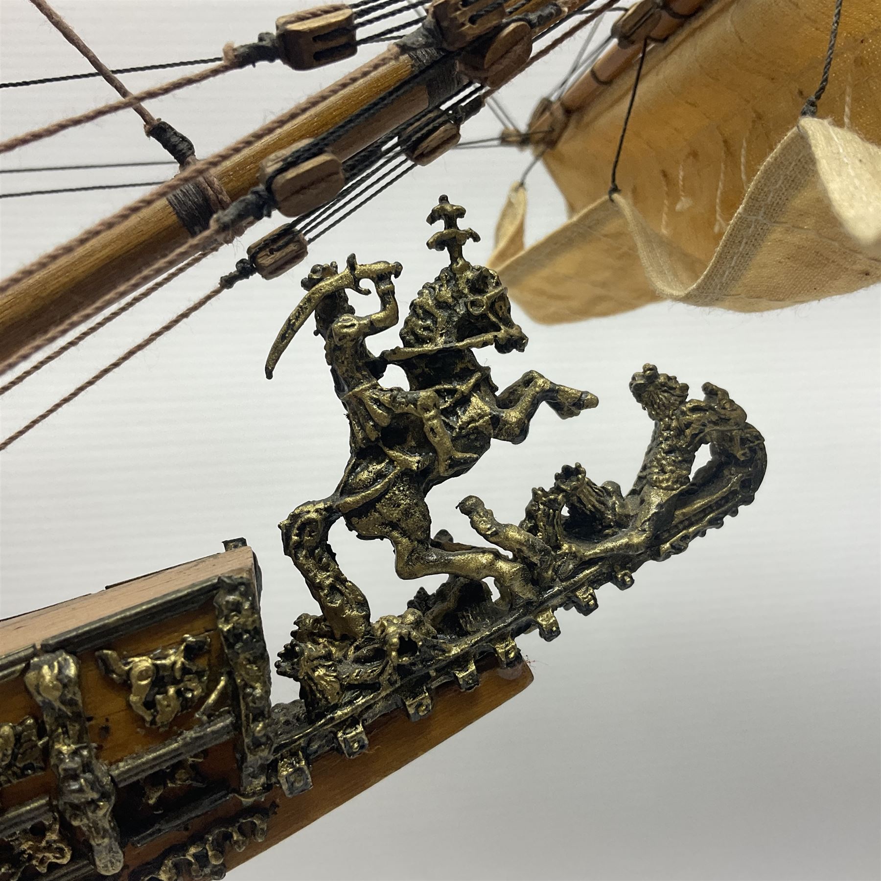 Large kit built scale model of 17th century Royal Navy warship 'HMS Sovereign of the Seas', upon wooden stand with engraved name plaque, H91cm, W111cm