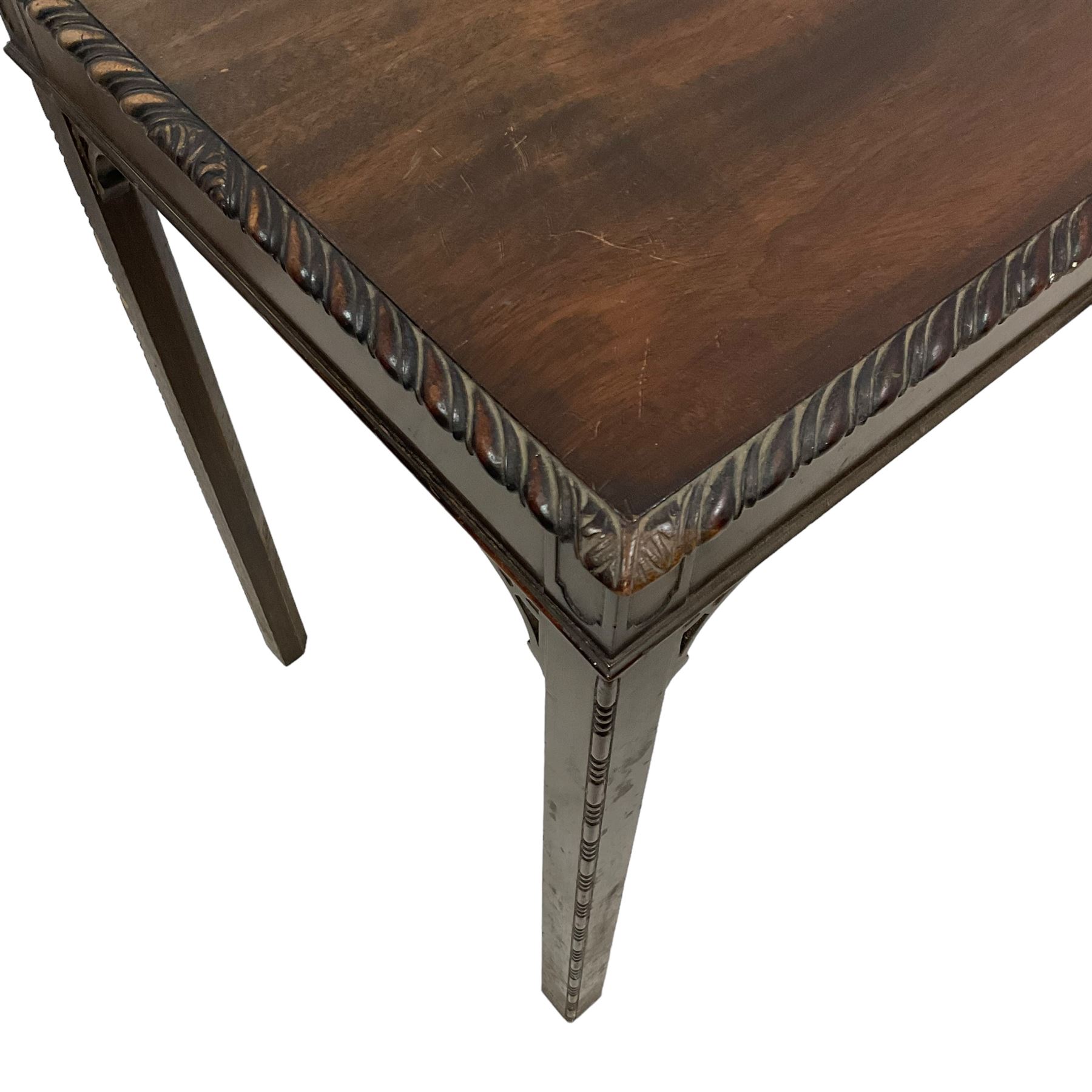 Early 20th century Georgian design mahogany side table, rectangular top with gadroon carved edge, on square supports with inner chamfer, decorated with beading, fretwork corner brackets (69cm x 45cm, H70cm); together with a pair of Georgian design mahogany wine tables (D31cm, H52cm)