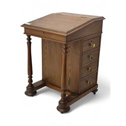 19th century pitch pine Davenport desk, sloping hinged top, fitted with four drawers, on t...