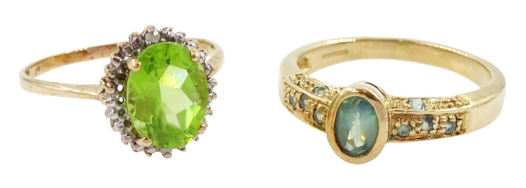 Gold alexandrite ring and a gold peridot and diamond ring, both 9ct