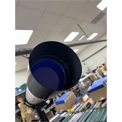 Tal-100R refractor telescope, the objective lens with dark purple coating and cylinder mounted with 6mm x 30mm finder scope, upon a pillar mount with right ascension clock drive, height when mounted H168cm, aperture 10cm, focal length 100cm 