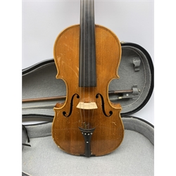 German three-quarter size violin, the 33.5cm two-piece maple back inlaid with mother-of-pearl, maple ribs and spruce top, 55cm overall. in carrying case with bow