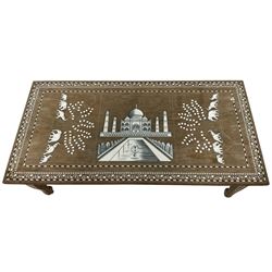 20th century Indian inlaid hardwood coffee table, rectangular top decorated with simulated ivory inlays depicting the Taj Mahal and elephants