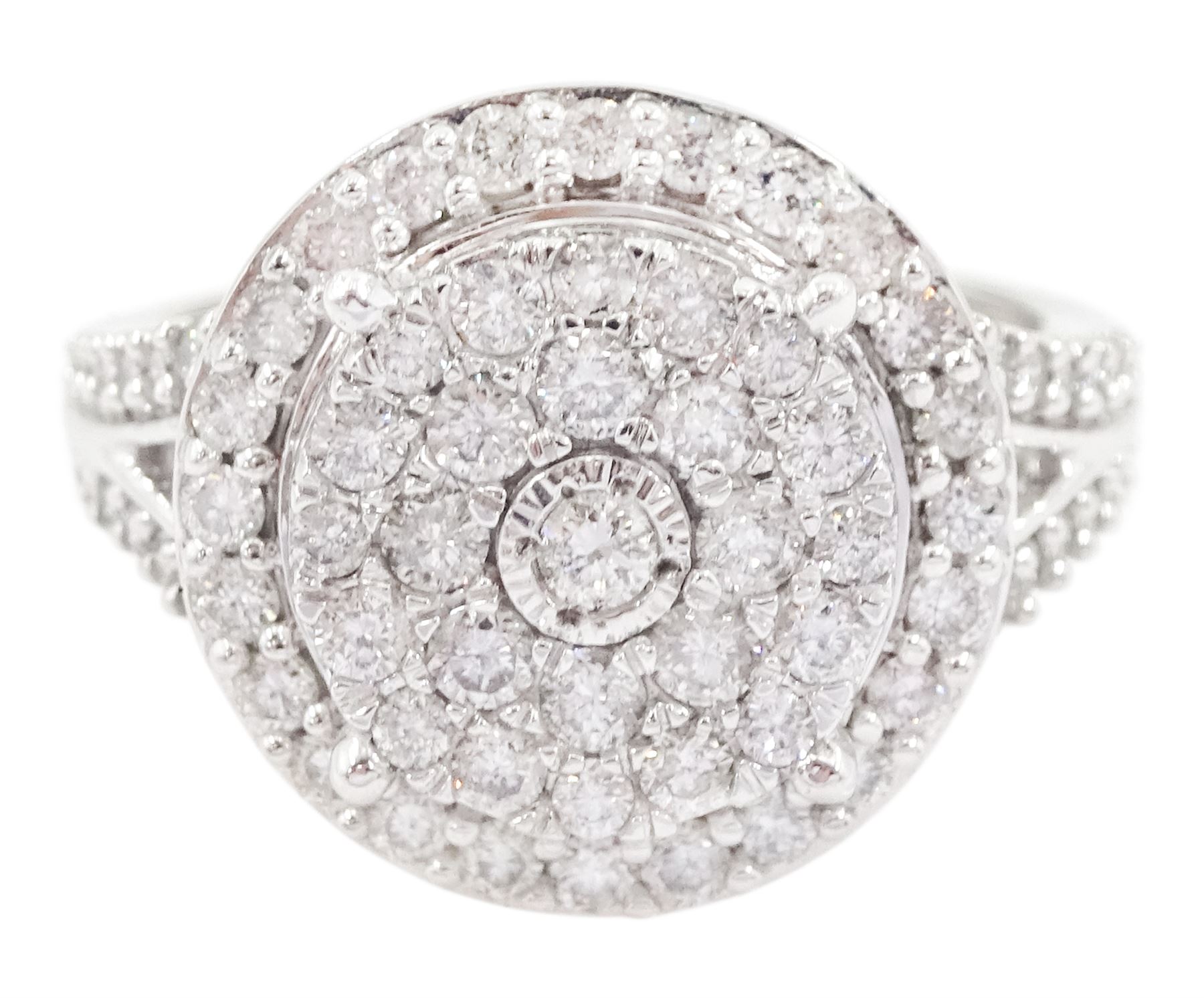 White gold round brilliant cut diamond circular cluster ring, hallmarked 9ct, total diamond weight approx 1.00 carat