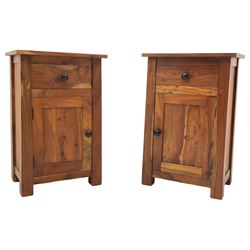 Pair of hardwood bedside cabinets, fitted with single drawer over panelled cupboard 