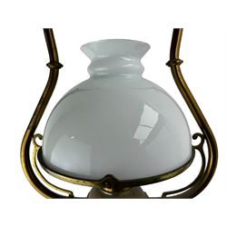 Set three brass framed light fittings, one with white glass shade, converted to electricity, H64cm