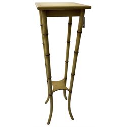 Simulated bamboo torchère or plant stand, square top on splayed simulated bamboo supports united by undertier 