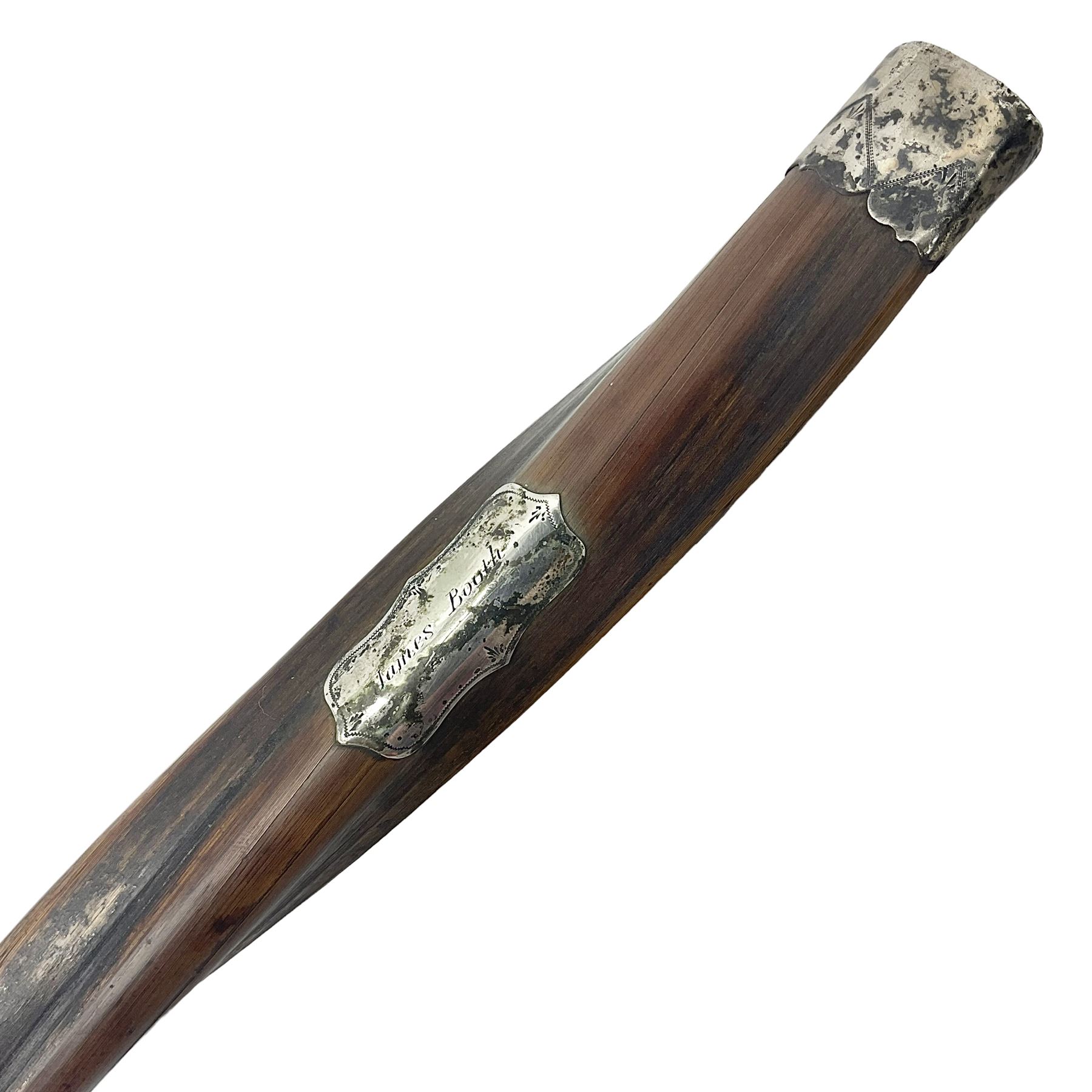 Twisted hardwood walking stick, mounted with silver cap and cartouche engraved James Booth, H88cm