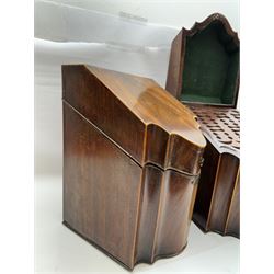 Pair of George III mahogany knife boxes, each of serpentine fronted form with strung detail to the hinged cover and body, opening to reveal a fitted interior, H38cm