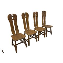 Attributed to De Puydt - set of four mid-century Brutalist oak dining chairs, twin slat back united by pegs, on square tapering supports united by H-stretcher 