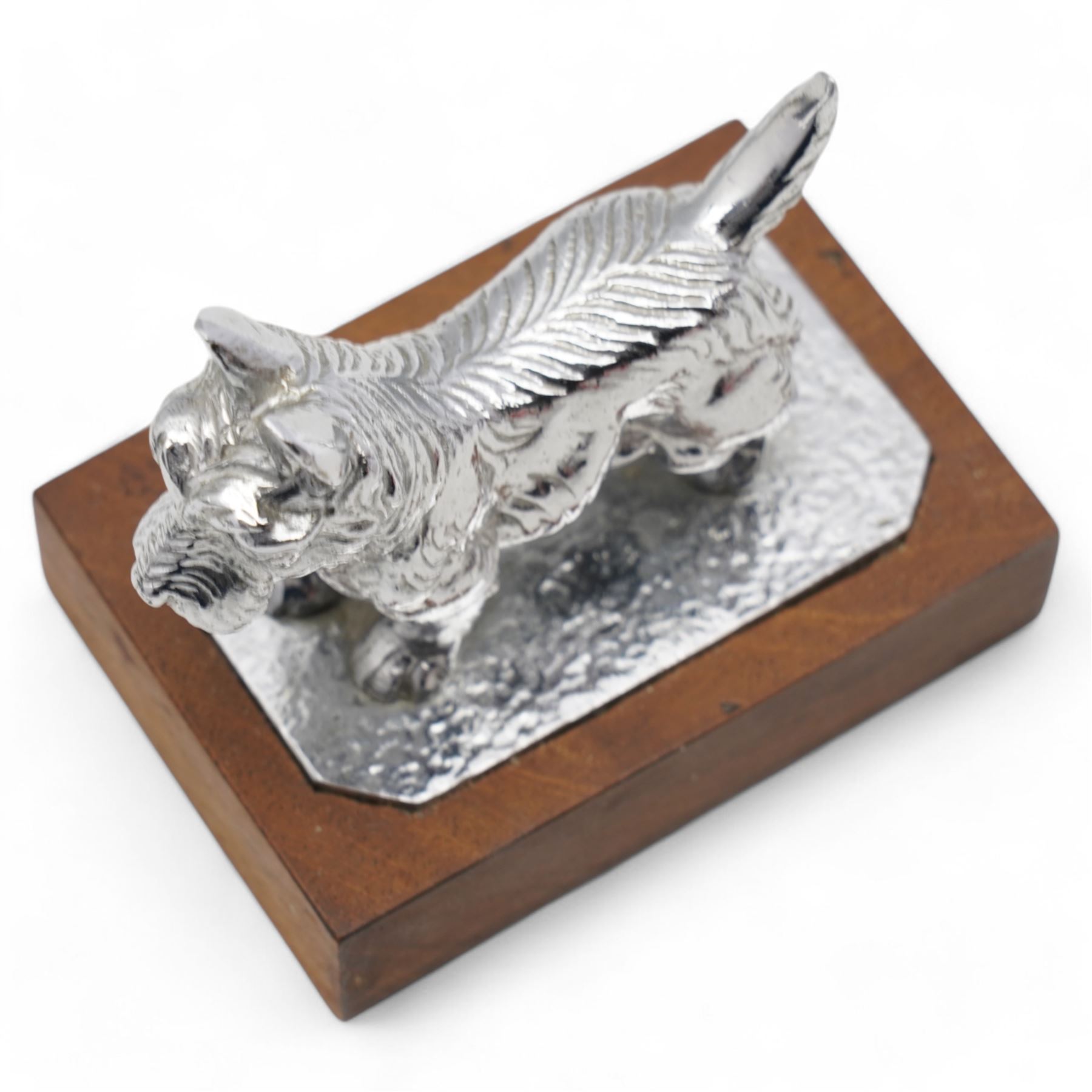 Louis Lejeune terrier car mascot, mounted on wooden base, W8cm