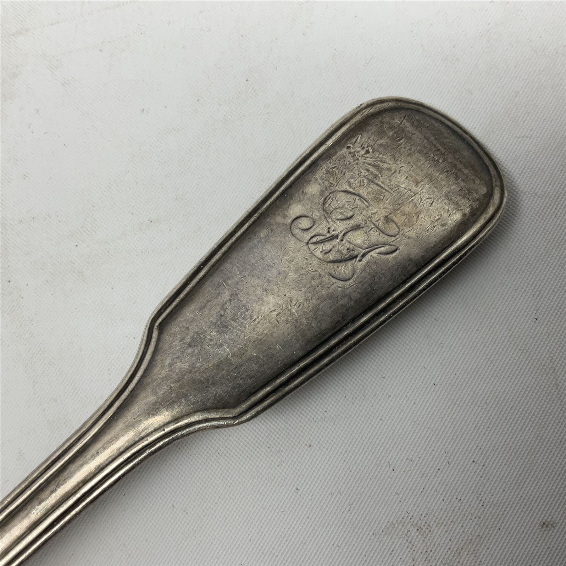 Victorian silver Fiddle pattern table spoon, with reed border and engraved monogram to terminal, hallmarked Elizabeth Eaton, London 1853