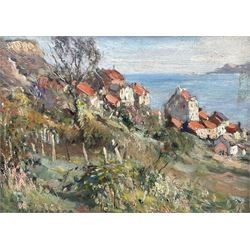 James William Booth (Staithes Group 1867-1953): Cottages at Runswick Bay, oil on canvas laid on to panel signed 21cm x 28cm