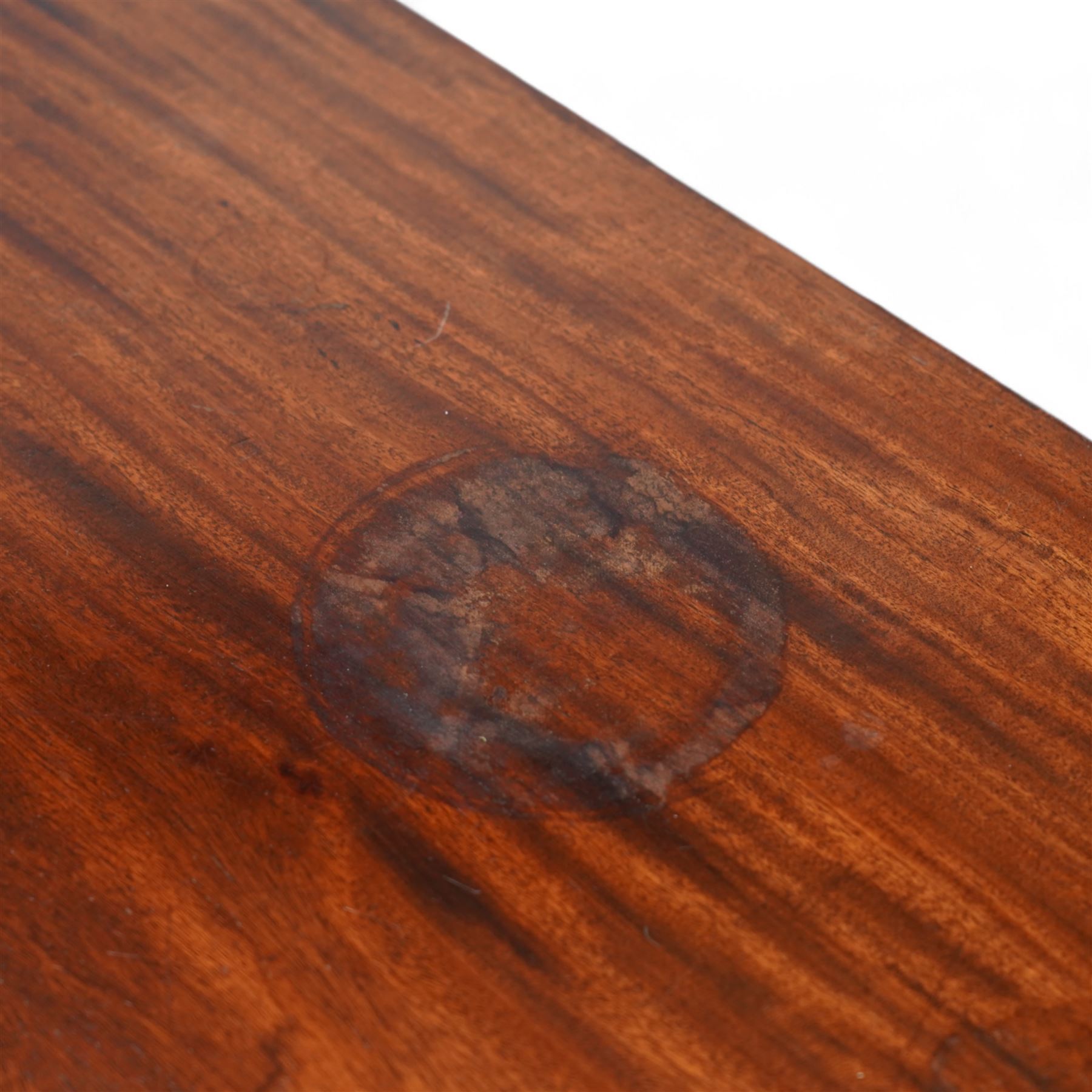 19th century mahogany bow-fronted side table, reeded top over single drawer, on square tapering supports with spade feet