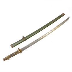 Japanese Shin Gunto Sword, with 70cm steel single edged blade , with green metal scabbard,...